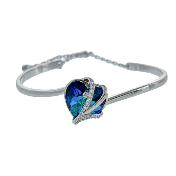 Sterling Silver Blue Crystal Heart Cubic Zirconia Accent Chain Bracelet 6.25" - Picture 1 of 8